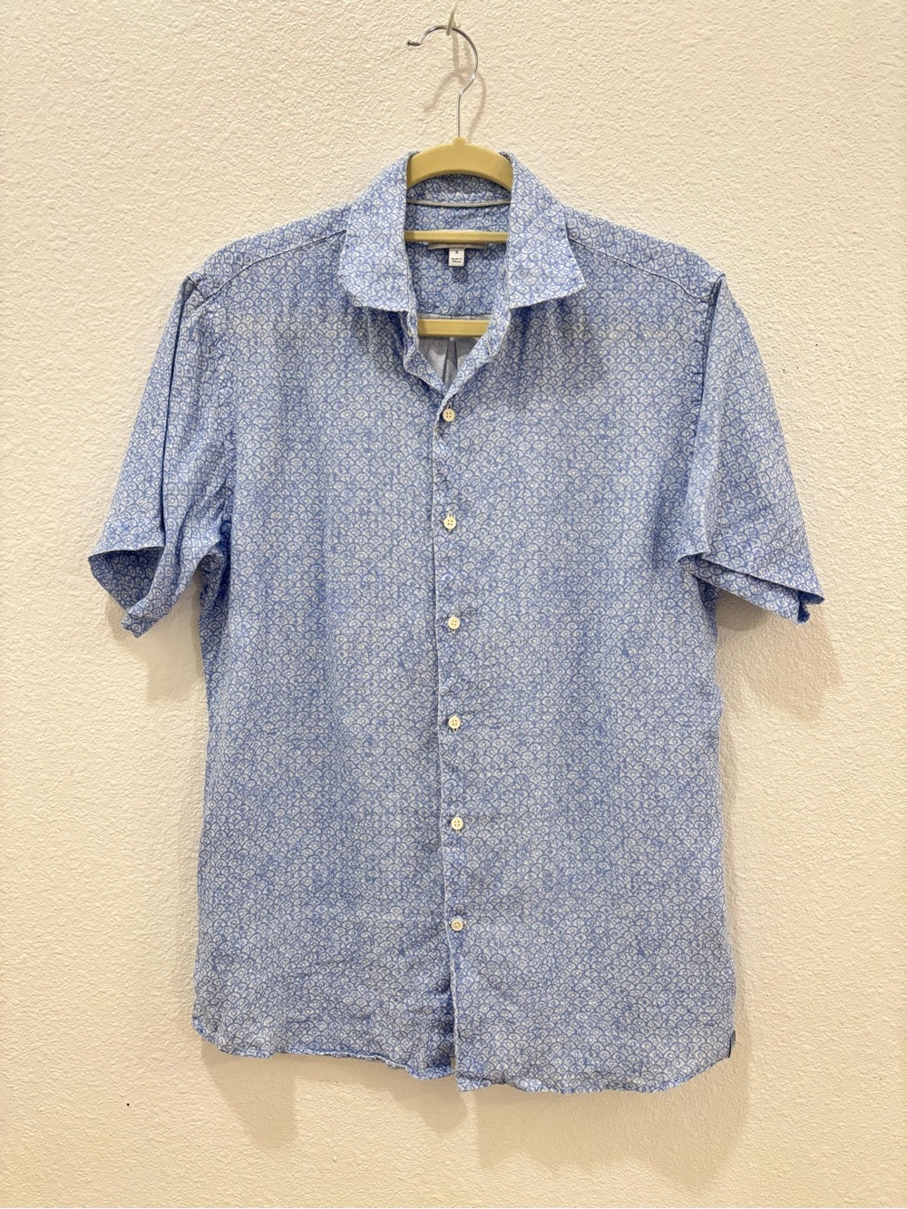 Peter Millar Blue Patterned Linen Short Sleeve Button Up Shirt Size Small